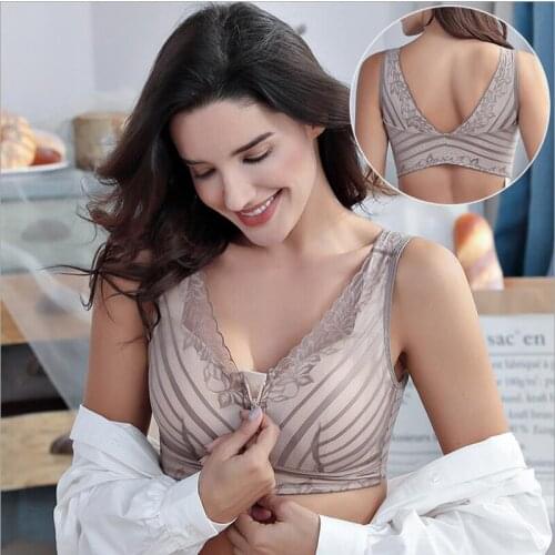 Sexy beauty back wire free lace bra Front clourse zip large size womens bra push up breathable womens underwear