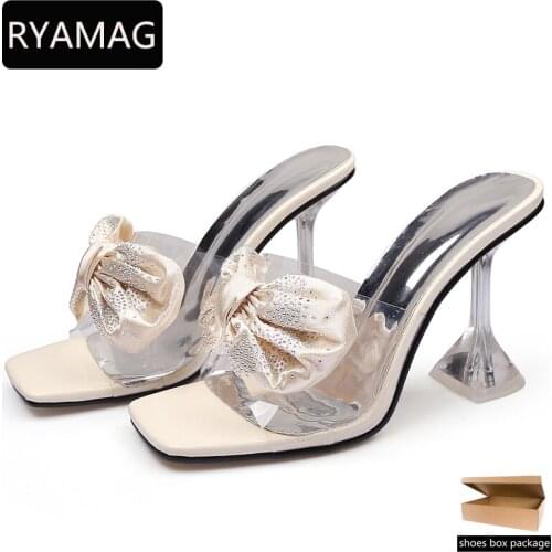 RYAMAG 2021 Womens Bow Fashion Pumps Open-toed Women Slippers Square Toe Sandals Bling Party Shoes High Heels Dropshipping