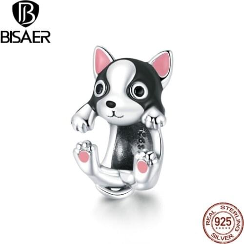 BISAER Cute Puppy Charms 925 Sterling Silver Dog Animal Beads Pendant DIY Bracelets Necklace 2020 Jewelry EFC388