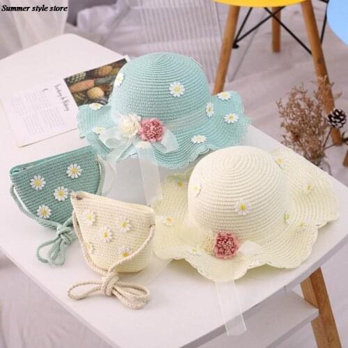 New Kids Breathable Beach Hats Chrysanthemum Sweet Princess Seaside Sun Hat Summer Girl Straw Hat Bag Sun Cap Outdoor