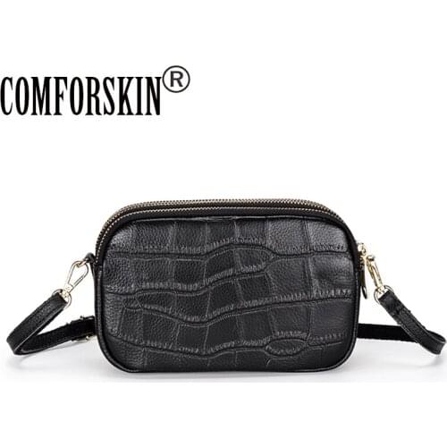 COMFORSKIN Cow Leather Women Messenger Bag Fashion Crocodile Pattern Style Large Capacity Three Zippering Compartment Female Bag