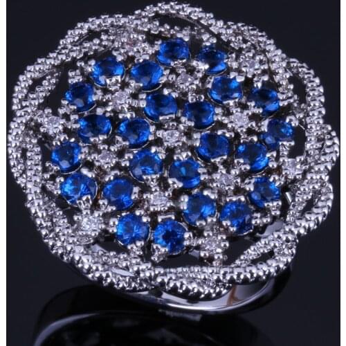 Admirable Big Flower Blue Cubic Zirconia White CZ Silver Plated Ring V0520