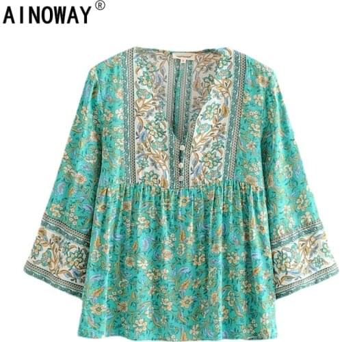 Happie chic women floral printed v-neck lace-up Boho blouse shirts Ladies rayon long sleeve shirts bohemian blusas