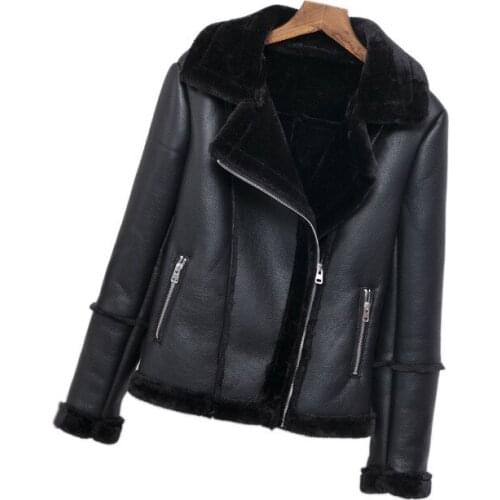 Black Short PU Leather Jacket Winter Women Warm Faux Leather Jacket Motorcycle Long Sleeve Faux Fur Collar Thick Fluffy Coat XL