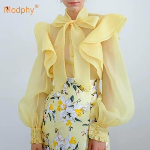 Lace Up Bow Collar Ruffle Puff Sexy Long Sleeve Single Breasted Sheer Blouse Women Yellow Shirt Top Lady Streetwear New 2019