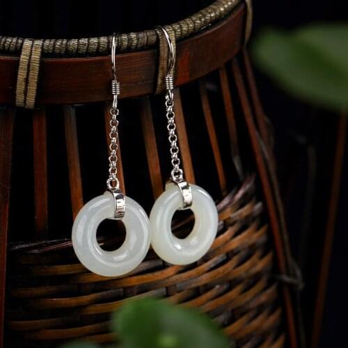 Silver S925 Pure Silver Antique Inlaid Natural Hetian Jade White Jade Safety Buckle Ladys High-end Earrings Wholesale