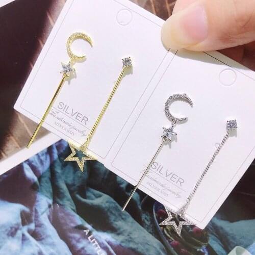 Real Real 925 Sterling Silver Tassel Dangle Earrings Women Refinement Moon Drop Earrings Shaking Chain with Star Mosaic Zirconia