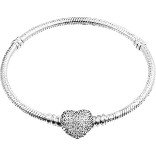 Pave Hear Bracelet Clear CZ Genuine 925 Sterling Silver Snake Chain Bracelets for Women DIY Charms Jewelry Making Pulseras