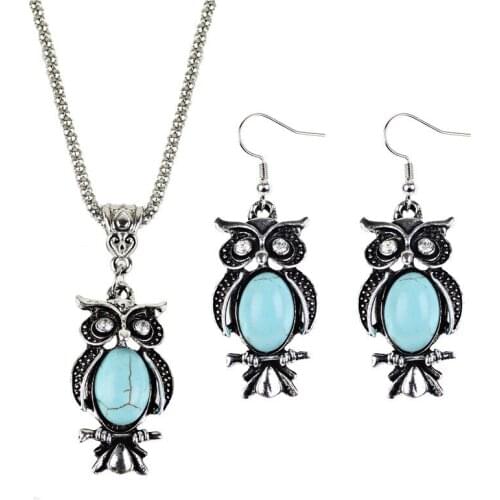 Retro Turquoise Owl Jewelry Sets 925 Silver Pendant Earring Necklace Fashion Chain Handmade Amulet Gifts for Her Woman