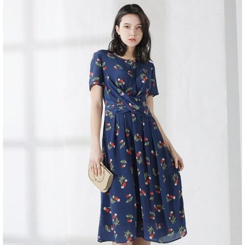 Blue with cherry Floral Silk Dresses Women 2021 Summer Long Casual Sexy Office Work Daily Dress Plus Size Slim Fit A Line