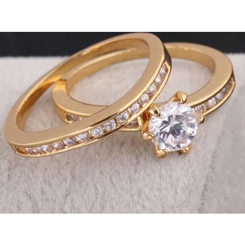 2 Pieces Classic Ring Set Yellow Gold Filled Women Engagement Bridal Wedding Ring Sets Size 6.5 / 7.75
