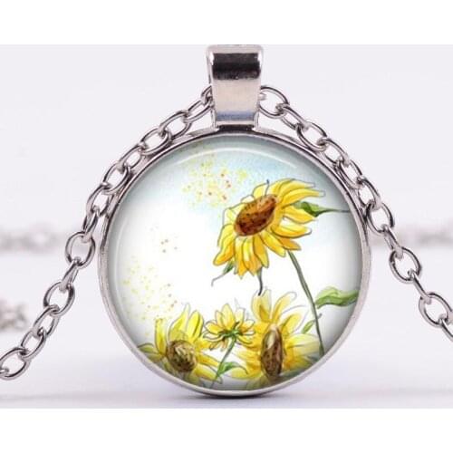 2019 New Fashion Sunflower Painting Glass Cabochon Pendant Necklaces spring Jewelry Hand Craft Gifts Funny Gifts for Women Men