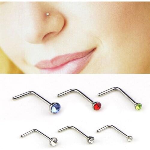 60 pcs Hot Sales Fashion Women Jewelry Stainless Steel Crystal Nose Ring Charm L Shape Nose Ring Body Piercing Stud Dropshipping