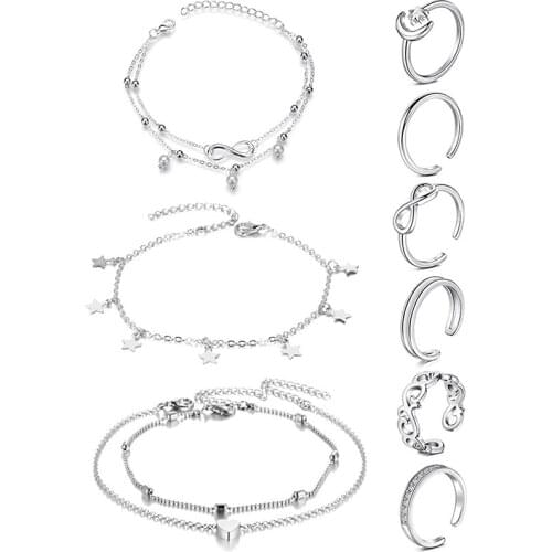 9pcs Bracelet on the Leg Anklets and Toe Ring Set for Women Girl Layered Ankle Bracelets Open Adjustable Toe Rings Jewelry