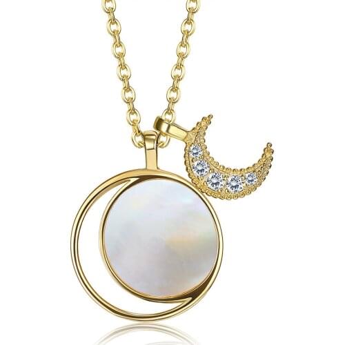 ZEMIOR 925 Sterling Silver For Women Shiny Moon Golden Chain Necklace Charms Round Pearl Shell Pendant Necklaces Fine Jewelry
