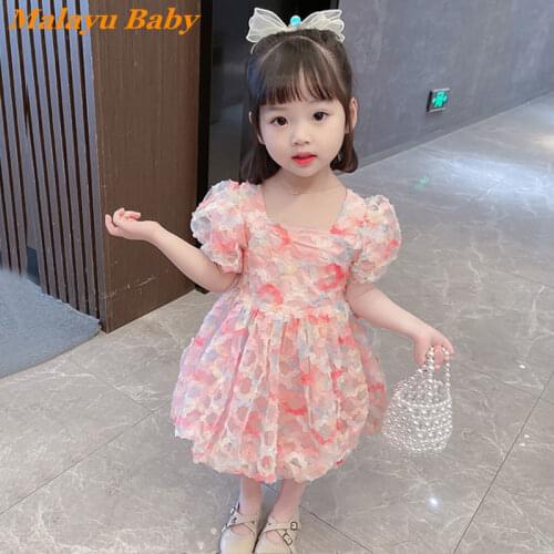 Malayu Baby Girls Princess Dress Summer New 2021 Fashion Child Color Mesh Puff Sleeve Tutu Dress 2-6 Years Old Kids Clothing