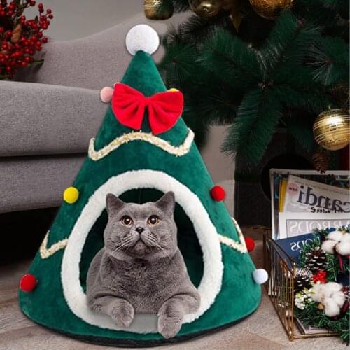Christmas Tree Shape Pet Cat Dog House Soft Cozy Winter Warm Kitten Cave Sleeping Mat Bed Cute Cats Nest Tent for Dogs Supplies