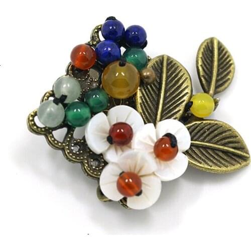 Ethnic Bronze Alloy Brooch Colorful Bead Brooches Shell Flower Corsage Chinese Women Accessories Ethnic Vintage Ornament