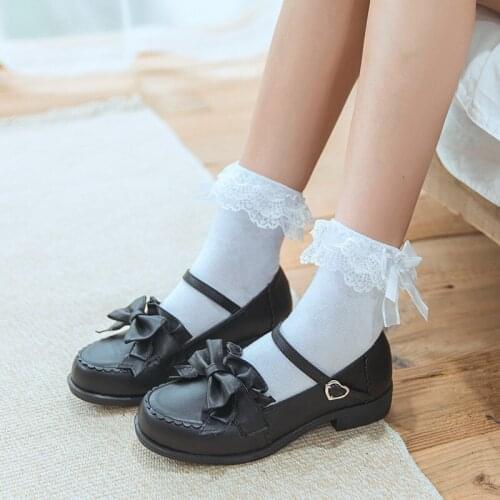 Cute Girls Lace Ruffle Frilly Ankle Socks Women Sweet Big Bow Princess Lovely Cotton Short Socks