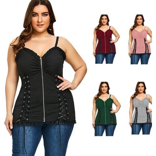 Women Sexy Lace Up Slim Tank Tops Fashion Lace Hem Ruffled Front Zipper Sling T-Shirt Female Plus Size Bandage Camisole XL-5XL