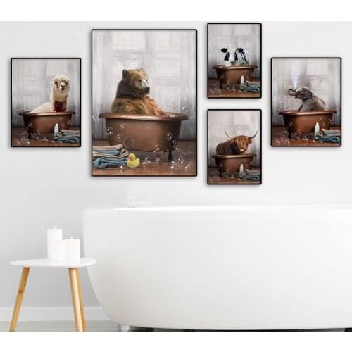 Bear Yak Alpaca Cow Elephant Shower Bathtub Wall Art Canvas Painting Nordic Posters And Prints Wall Pictures For Bathroom Decor