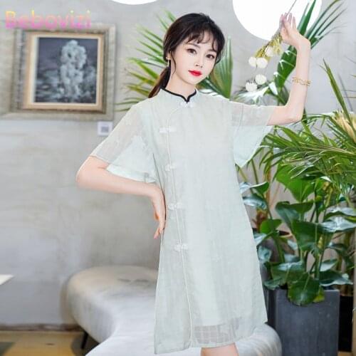 2021 New M-4XL Vintage Short Sleeve Summer Modern Cheongsam Dresses Chinese Traditional Qipao Casual Party Women Midi Dress