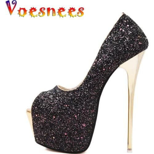 Voesnees New Female High heels Fish Mouth Open Toe Sequins Pumps16CM Sexy Wedding Bridal Shoes Stage Show Professional Shoes