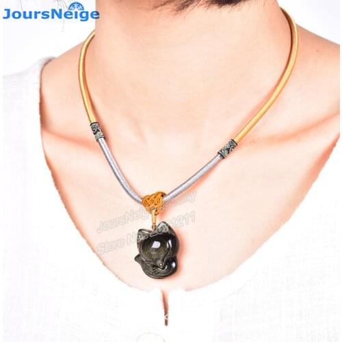 Wholesale Gold Black Natural Obsidian Stone Lucky Fox Pendants Sweater chain Necklace For Women Men Fashion Jewelry JoursNeige