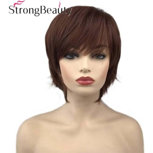 StrongBeauty Short Straight Synthetic Wigs Dark Auburn Woman Hair Heat Ok Wig