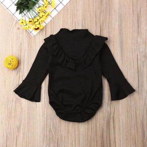 Pudcoco Newbonr Baby Girl Clothes Solid Color Flare Sleeve Ruffle Knitting Cotton Romper Jumpsuit One-Piece Outfit Clothes