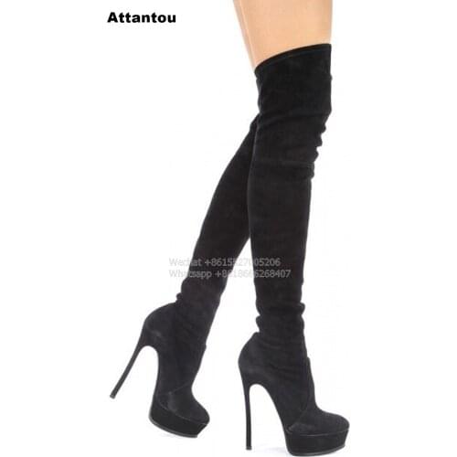 Fashion Slip On Long Boots Women Platform Black Suede Leather Stretch Over the Knee Boots Thin High Heels