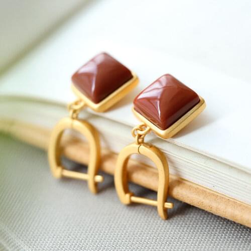 S925 Sterling Silver Inlaid Natural South Red Agate Earrings Geometric Square SUNFLOWER Simple Ear Clip Eardrop Jewelry