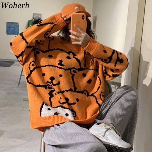 Woherb 2020 Spring Autumn Cartoon Bear Print Sweater Women Japanse Korean Pullover Kawaii Loose Casual Streetwear Tops 25943