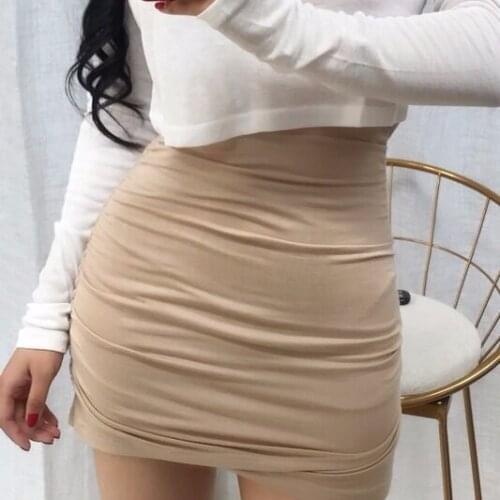High waist pleated bandage short skirt female sexy street party tight elastic Mini wrap hip skirt irregular apricot
