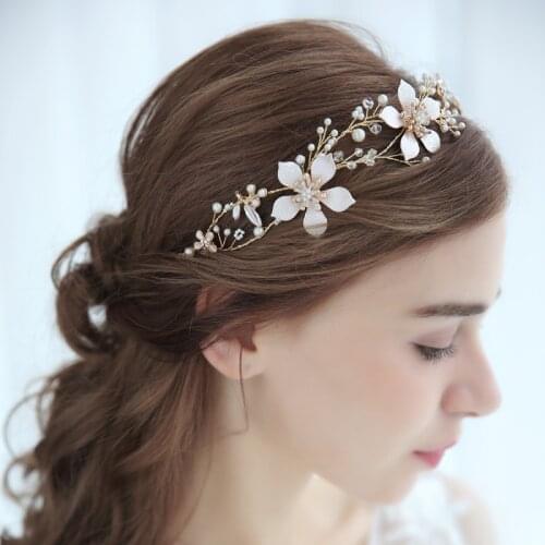 SLBRIDAL Handmade Gold Wired Crystal Rhinestone Pearls Flower Wedding Hair Vine Headband Bridal Headpiece Hair accessories Women
