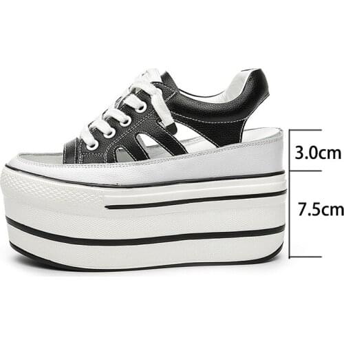 Krasovki Height Increased Platform Heel Flats Shoes Women Summer Sandals Hollow Out Genuine Leather Lace Up Wedge Shoes Sneakers