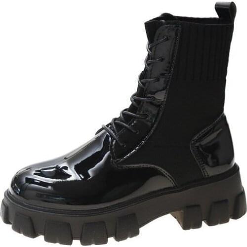 Women Boots Fashion Sock Patent Leather Black Booties Shoes Platform Flat Motorcycle Knitting Boots Women 2020 New