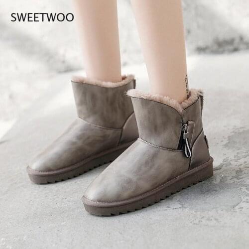 Womens Waterproof Snow Boots Fur One Leather PU Waterproof Zipper Sole Winter Shoes XL