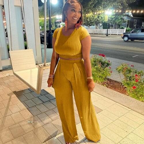 Women Rib Two Piece Tracksuit Summer Short Sleeve Crop Top And High Waist Wide Leg Pants Sexy Vavation Matching Set S-XXL