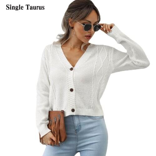 Female White Cardigan 2021 Fall Spring Fashion Casual V Neck Knitting Cute Knitted Crop Top Button Sexy Cropped Cardigan Women