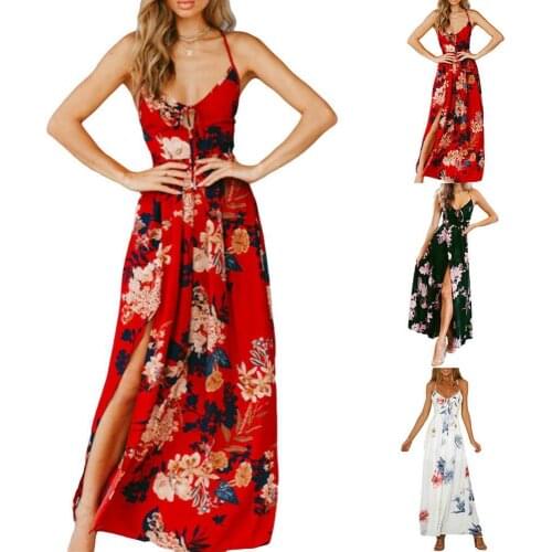 Hot Sales Chic Women Floral Print V Neck Sleeveless Backless Spaghetti Bandage Maxi Dress