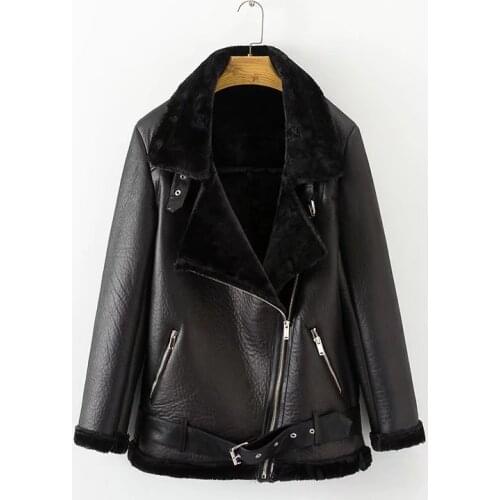 2019 Winter Fashion Women PU Artificial Leather Fluff Inner Thick Coat Girl Turn-Down Collar Loose Topcoat Black Wine or Green