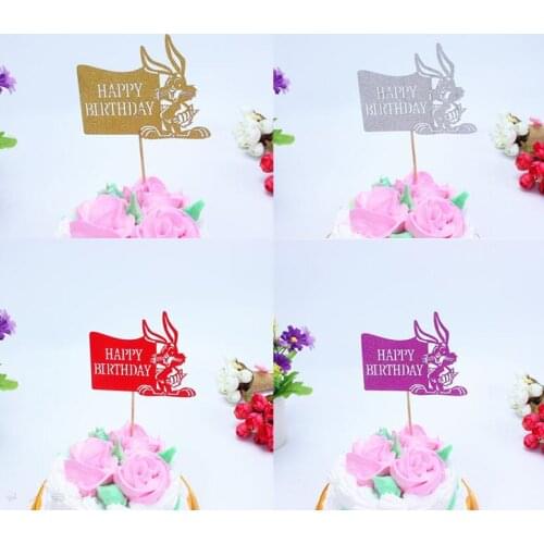 10pcs Cartoon Rabbit Happy Birthday Cake Flag Topper Multi Colors Animal Flags For Wedding Birthday Party Cake Baking Decoration