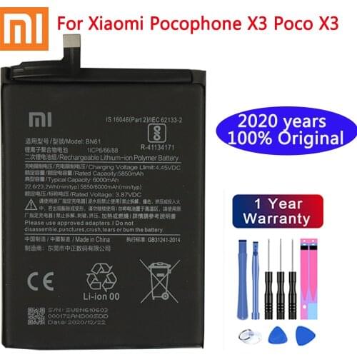 Xiao Mi 100% Original Phone Battery BN61 6000mAh For Xiaomi Pocophone X3 Poco X3 High Capacity Replacement Battery +Free Tools