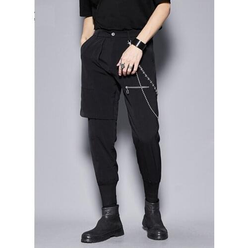 Free Shipping New Mens Male Design Personality Fake Two-piece Asymmetric Zipper Decoration Cropped Pants Korean Style Trousers