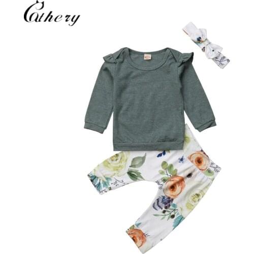 Cathery Fashion Floral Newborn Baby Girls Long Sleeve Romper Pants Headband Outfit 3Pcs Autumn Clothes