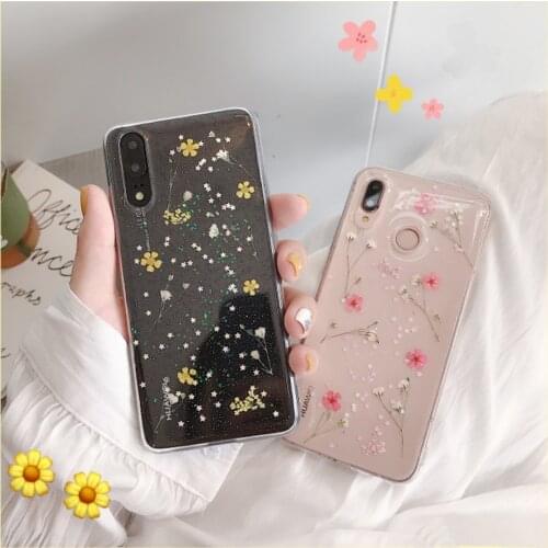 Glitter Pressed Real Dried Flower Clear Case For Xiaomi 10 A3 9 9T Redmi Note 9 Pro Max 9S 8 7 7A 8T 6 5 Transparent Soft Cover