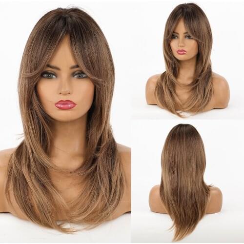 Long Straight Synthetic Wig Hair Ombre Black Brown Highlight Blonde Natural Wavy Layered Wigs with Side Bangs for African Women