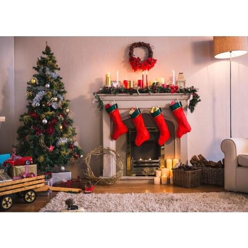 Living Room Christmas Tree Fireplace Decors Photo Backdrop Vinyl Backgrounds for Baby Children Family Photography Photoshoot