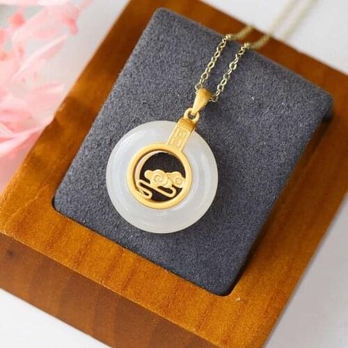 Natural Hetian White Jade Inlaid S925 Sterling Silver Vintage Thick Gold Peace Buckle Pendant Buckle Eyes Auspicious Clouds